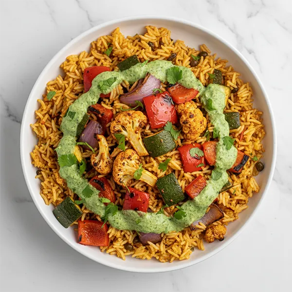Tandoori vegetable Rice Bowl with Green Chili Chutney